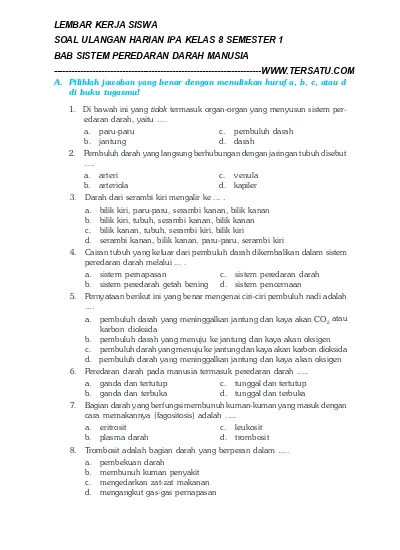 Top Pdf Soal Uh Ipa Kelas 8 Bab Sistem Peredaran Darah Pada Manusia Semester 1 123dok Com