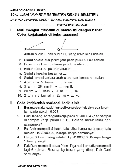 Soal Uh Matematika Kelas 4 Semester 1 Bab Pengukuran