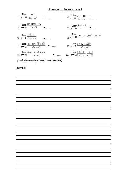 Bank Soal Un Matematika Sma Limit Fungsi