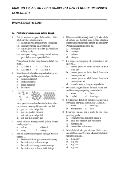Soal Uh Ipa Kelas 7 Semester 1 Bab Wujud Dan Penggolongannya