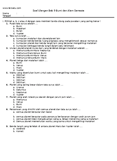 Soal Ulangan Harian Ipa Kelas 6 Bab 9 Bumi Dan Alam Semesta