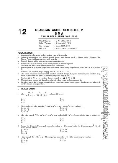 Top Pdf Soal Ulangan Akhir Semester 2 Soal Ukk Matematika Xi Ipa 123dok Com