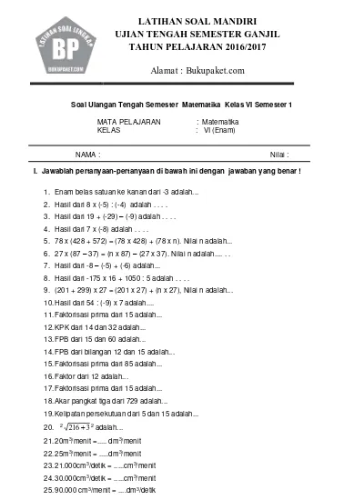 Soal Uts Matematika Kelas 3 Semester 1