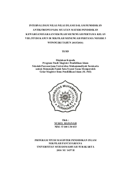 Internalisasi Nilai Nilai Islami Dalam Pendidikan Antikorupsi Pada Muatan Materi Pendidikan Internalisasi Nilai Nilai Islami Dalam Pendidikan Antikorupsi Pada Muatan Materi Pendidikan Kewarganegaraan Sekolah Menengah Pertama Kelas Viii Studi Kasus Di Se