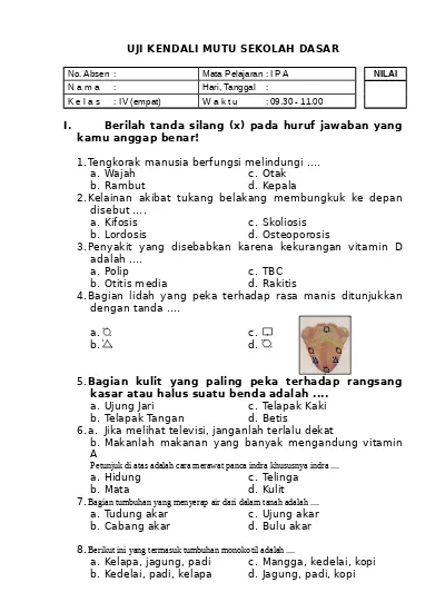 Soal Uji Kendali Mutu Ukm Sd Kelas 1 Ipa Soal Jawaban Dan Skor Nilai