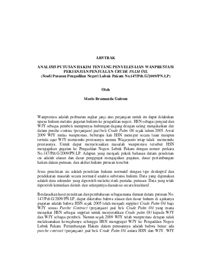 ANALISIS PUTUSAN HAKIM TENTANG PENYELESAIAN WANPRESTASI PERJANJIAN ...