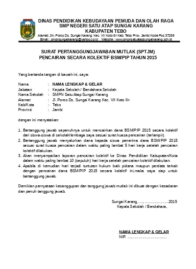 Contoh Surat Pertanggungjawaban Mutlak Sptjm Untuk Pencairan Dana Bsm Pip Bsm Pip Sptjm