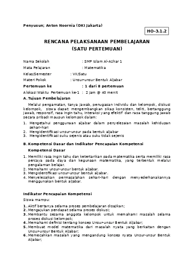 Rpp Bentuk Aljabar 1 Dari 8