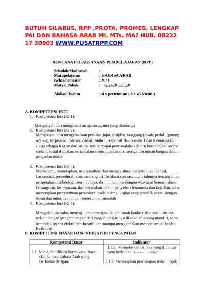 Rpp Bahasa Arab K13 Kelas X