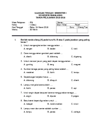 Latihan Soal Uts Ipa Kelas 1 Sd Semester 1