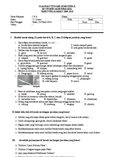 Soal Uts Ipa Kelas 5 Sd Semester 1