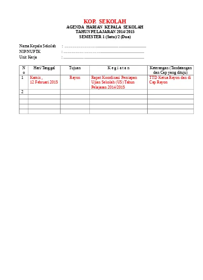 Format Agenda Harian Kepala Sekolah