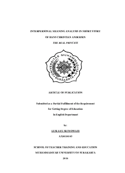 INTERPERSONAL MEANING ANALYSIS IN SHORT STORY  OF HANS CHRISTIAN ANDERSEN   Interpersonal Meaning Analysis in Short Story of Hans Chriatian Andersen The Real Princess.