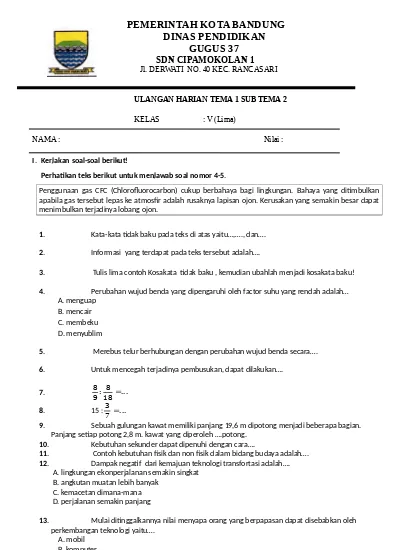 Soal Tematik Integratif Kelas 5 Tema 1 Subtema 1 Wujud Benda Dan Cirinya