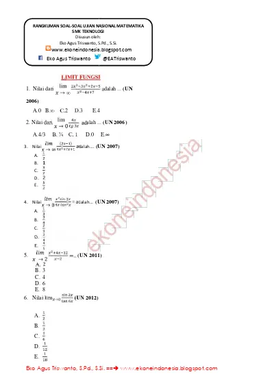 Gratis Rangkuman Soal Un Matematika Smk Teknologi Permateri 15 Turunan