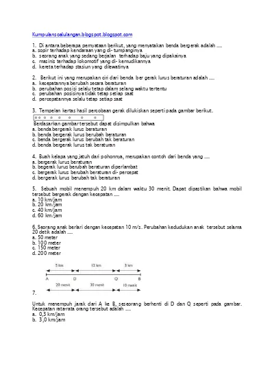 Soal Uh Ipa Fisika Smp Kelas 7 Semester 2 Bab Gerak Lurus