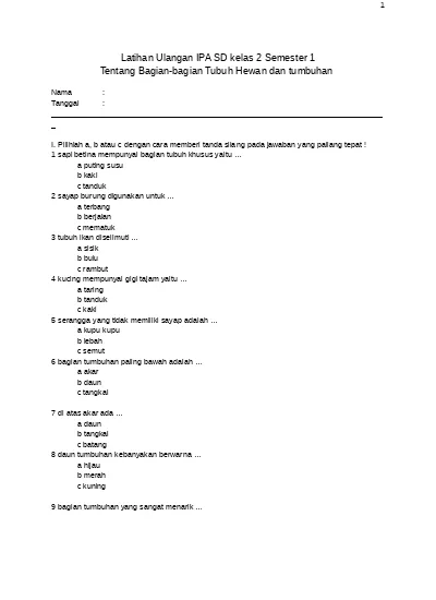 Latihan Ulangan Ipa Sd Kelas 2 Semester 1 Tentang Bagian Bagian Tubuh Hewan Dan Tumbuhan