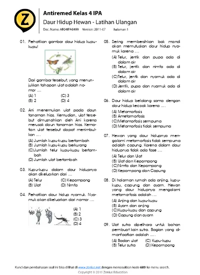 Soal Uh Ipa Kelas 4 Semester 1 Bab Daur Hidup Hewan Dan Cara Memeliharanya