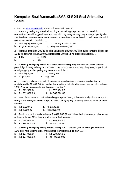 Xii Kumpulan Soal Matematika Sma Kls Xii Soal Aritmatika Sosial