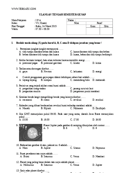 Contoh Soal Uts Ipa Ktsp Kelas 6 Smster 2 Asli