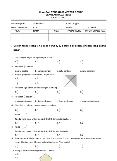 Top Pdf Soal Uts Kelas 3 Mapel Matematika Semester 2 123dok Com