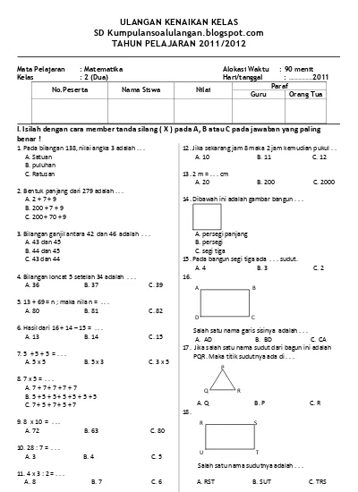 Top Pdf Soal Ulangan Uas Ukk Matematika Sd Kelas 2 123dok Com