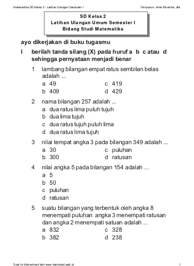 Top Pdf Soal Latihan Ulangan Sd Kelas 2 Pelajaran Matematika Bab Bilangan 123dok Com