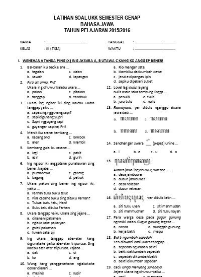 Soal UKK Bahasa Jawa Kelas 3 SD dan MI