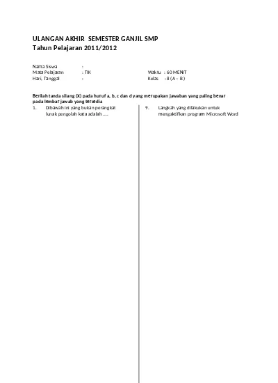 Soal Uas Tik Kelas 8 Smp Mts Semester 1 Ganjil