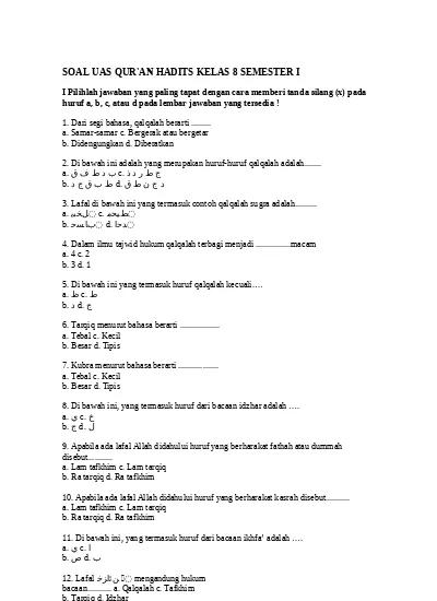 Top Pdf Soal Uas Alqur An Hadits Smp Mts Kelas 9 Semester 1 123dok Com