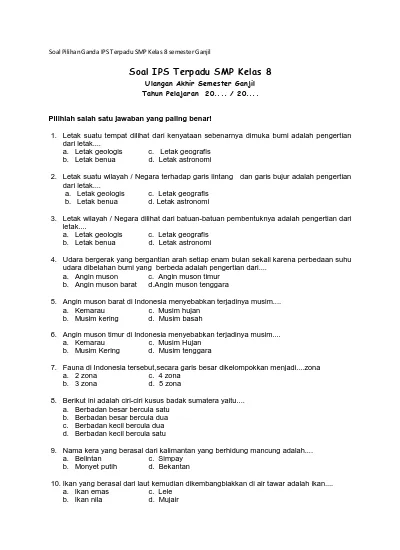 Soal Uas Tik Kelas 8 Smp Mts Semester 1 Ganjil