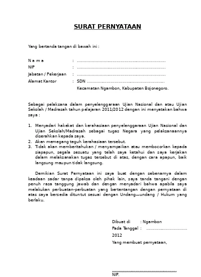 Surat Pernyataan Panitia Pengawas Unas