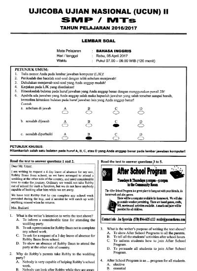 Naskah Soal Ucun Smp Dki 2017 Tahap 1 Kunci Jawaban