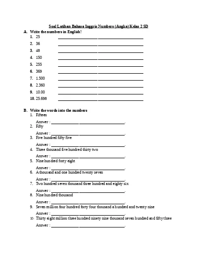 Soal Latihan Numbers Kelas 2 Sd