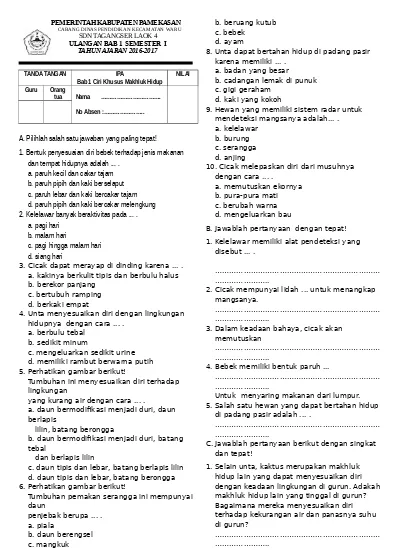 Soal Ulangan Harian Ipa Kelas 6 Bab 1 Ciri Ciri Khusus Makhluk Hidup