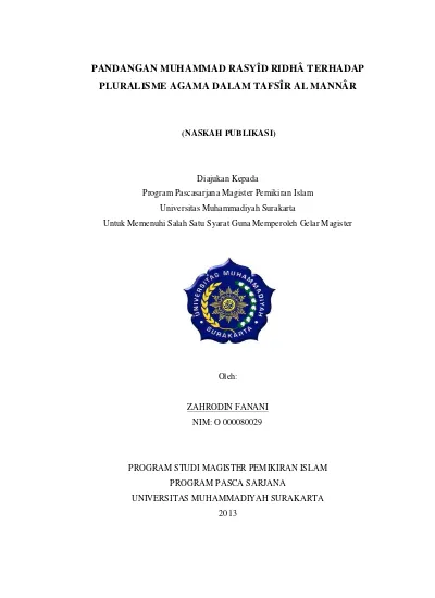 Pandangan Muhammad Rasyid Ridha Terhadap Pluralisme Agama Dalam Tafsir Al Mannar Pandangan Muhammad Rasyid Ridha Terhadap Argument Pluralism Agama Dalam Tafsir Al Mannar