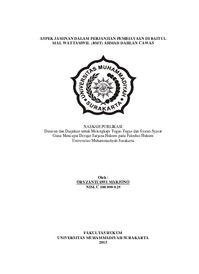 Aspek Jaminan Dalam Perjanjian Pembiayaan Di Baitul Mal Wattamwil Bmt Ahmad Dahlan Cawas Aspek Jaminan Dalam Perjanjian Pembiayaan Di Baitul Mal Wattamwil Bmt Ahmad Dahlan Cawas