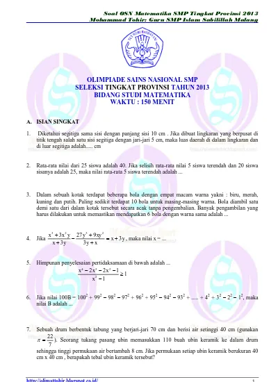Soal OSN Matematika SMP Tingkat Provinsi 2013 www.olimattohir.blogspot.com