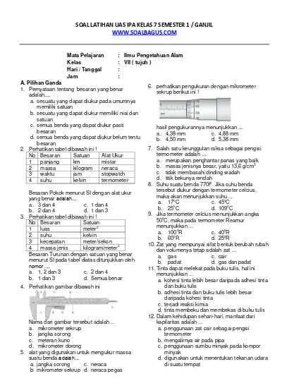 Soal Uas Ganjil Ipa Terpadu Smp Kelas 7 Semester 1