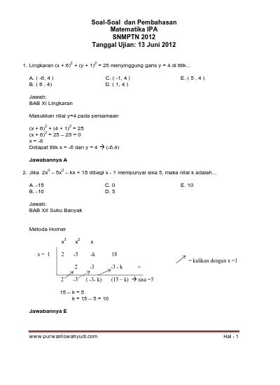 Top Pdf Soal Soal Dan Pembahasan Matematika Ipa Sbmptn Snmptn 2012 123dok Com