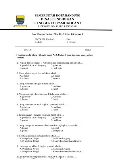 Soal Ulangan Harian Ke 2 Matematika Kelas 4 Semester 1