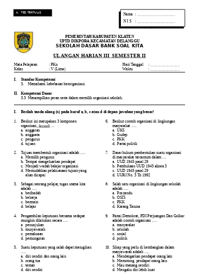 Kumpulan Soal Kelas 5 Uh 3 Pkn Kelas V