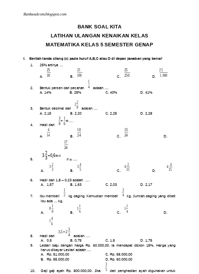 Soal Uas Sd Dan Mi Kelas 5 Ukk Matematika 5 2