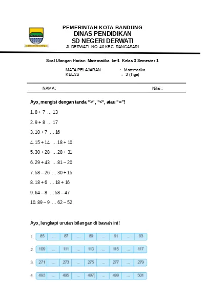 Top Pdf Soal Ulangan Harian Ke 1 Matematika Kelas 3 Semester 1 123dok Com