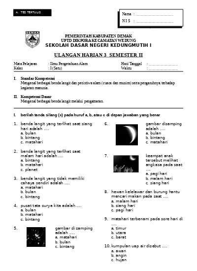 Soal Latihan Untuk Kelas I Sd Uh4 Ipa Kelas 1