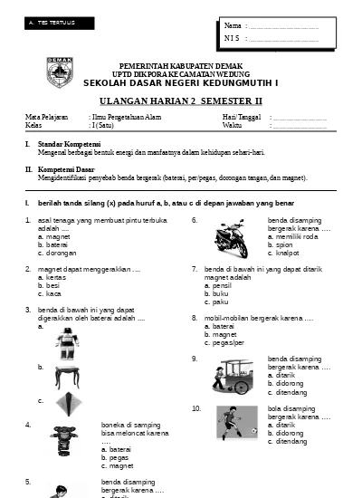 Soal Latihan Untuk Kelas I Sd Uh1 Ipa Kelas 1