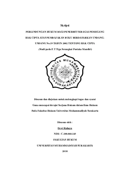 PERLINDUNGAN HUKUM BAGI PENERBIT SEBAGAI PEMEGANG HAK CIPTA ATAS ...