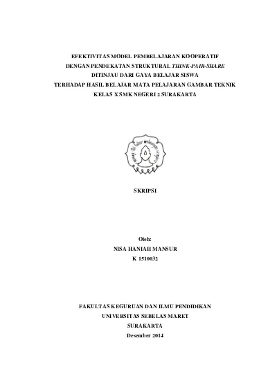 Top Pdf Efektivitas Model Pembelajaran Kooperatif Dengan Pendekatan Struktural Think Pair Share Ditinjau Dari Gaya Belajar Siswa Terhadap Hasil Belajar Mata Pelajaran Gambar Teknik Kelas X Smk Negeri 2 Surakarta 123dok Com