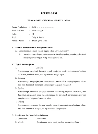 Top Pdf Rpp Mata Pelajaran Smk Rpp English 2 123dok Com