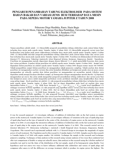 Pengaruh Penambahan Tabung Elektroliser Pada Sistem Bahan Bakar Dan Variasi Jenis Busi Terhadap Daya Mesin Pada Sepeda Motor Yamaha Jupiter Z Tahun 2008